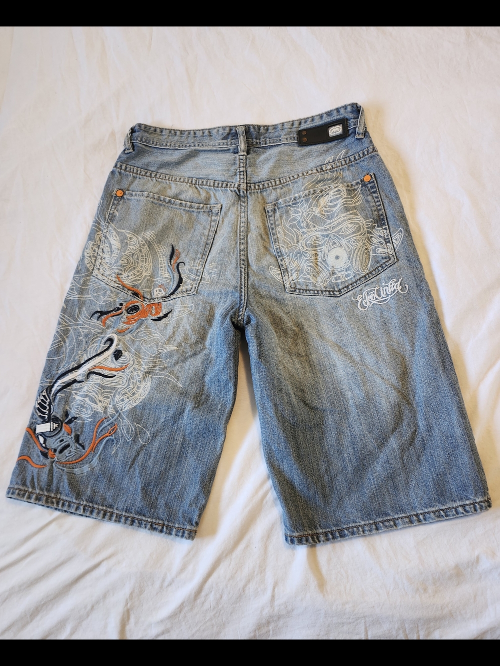 Echo Denim Embroidered Shorts with Orange Accents